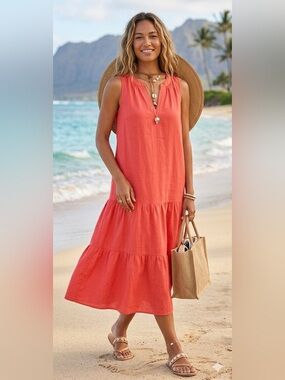 TOMMY BAHAMA
Palm Shores Sun dress Tiered Midi Coral Color Linen Blend Coastal